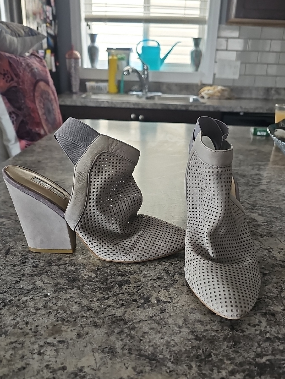 GUESS Suede Perforated Slingback Heels in Light Gray